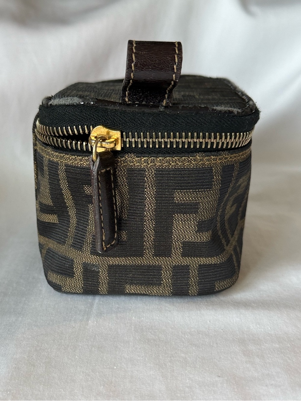 Fendi Zucca Train Case Vanity Pouch Brown Canvas Leather Mini - Picture 4 of 9